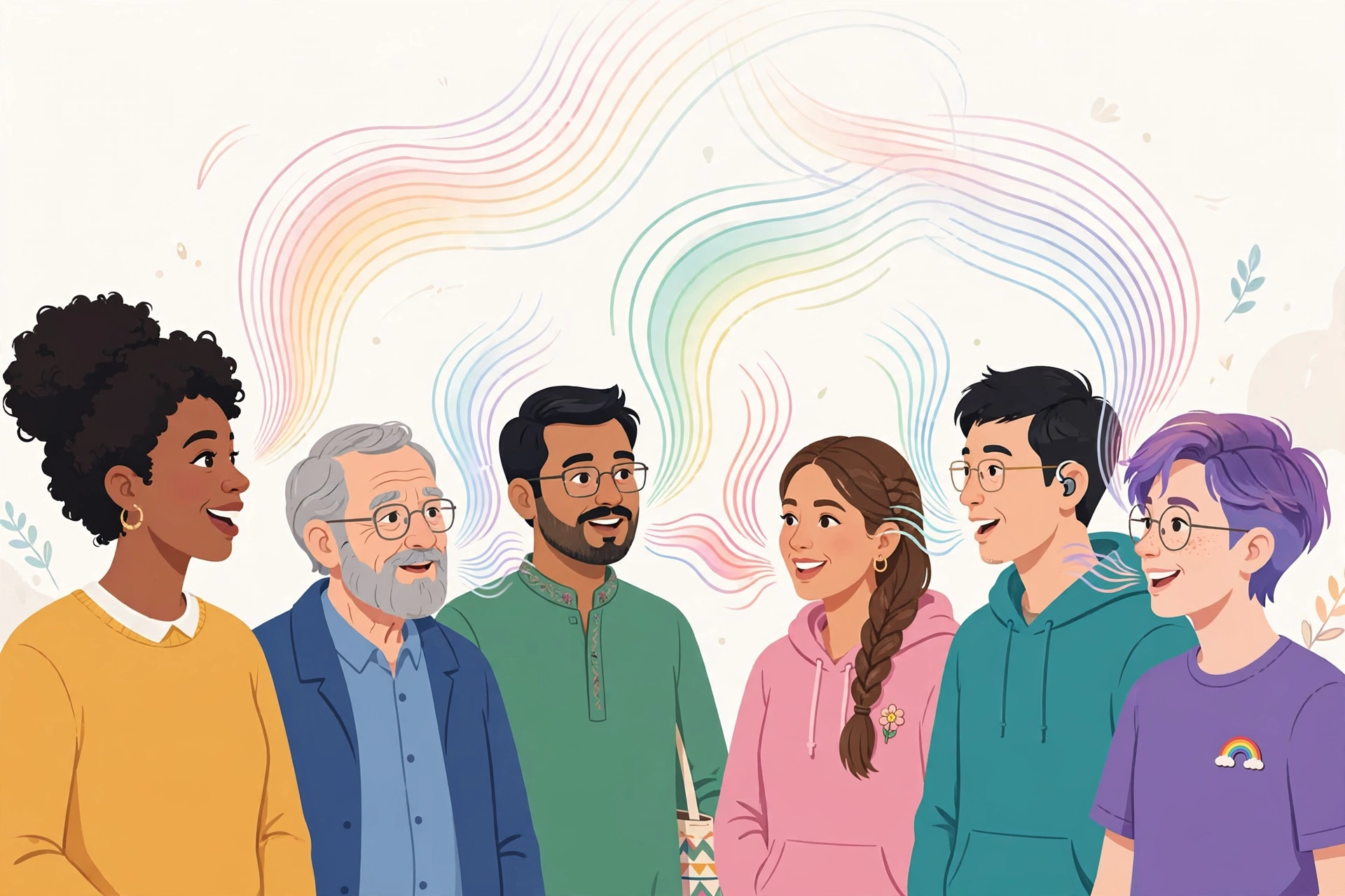 Diverse people speaking, with soft rainbow sound waves rising — the MAGA Trust community